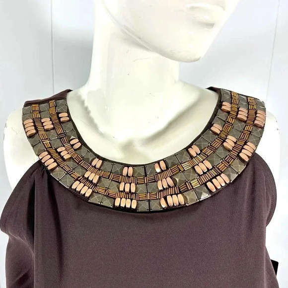 NWT Connected Apparel Brown Beaded Collar stretch Sleeveless Dress sz 8P - Picture 4 of 9